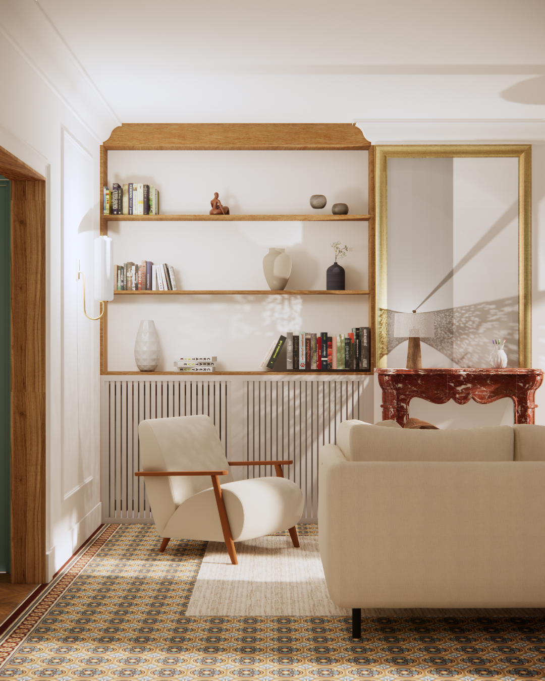 Salon, bibliothèque sur mesure réalisée par architecte d'intérieur. Projet à Poissy